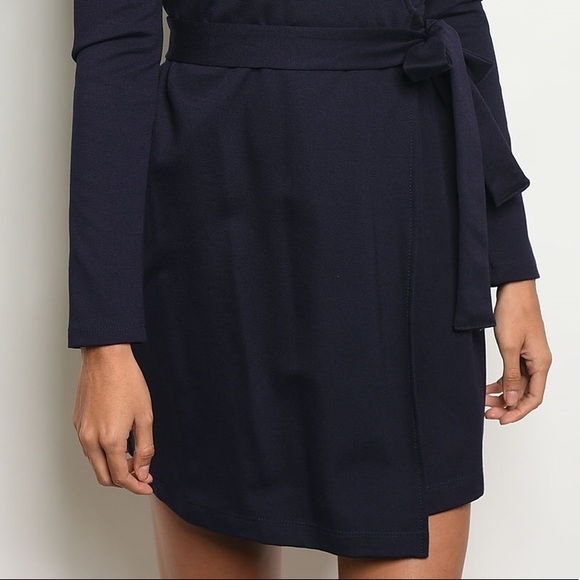 1 LEFT✨Navy Wrap V-Neck Cocktail Long Sleeve Dress - Picture 3 of 5